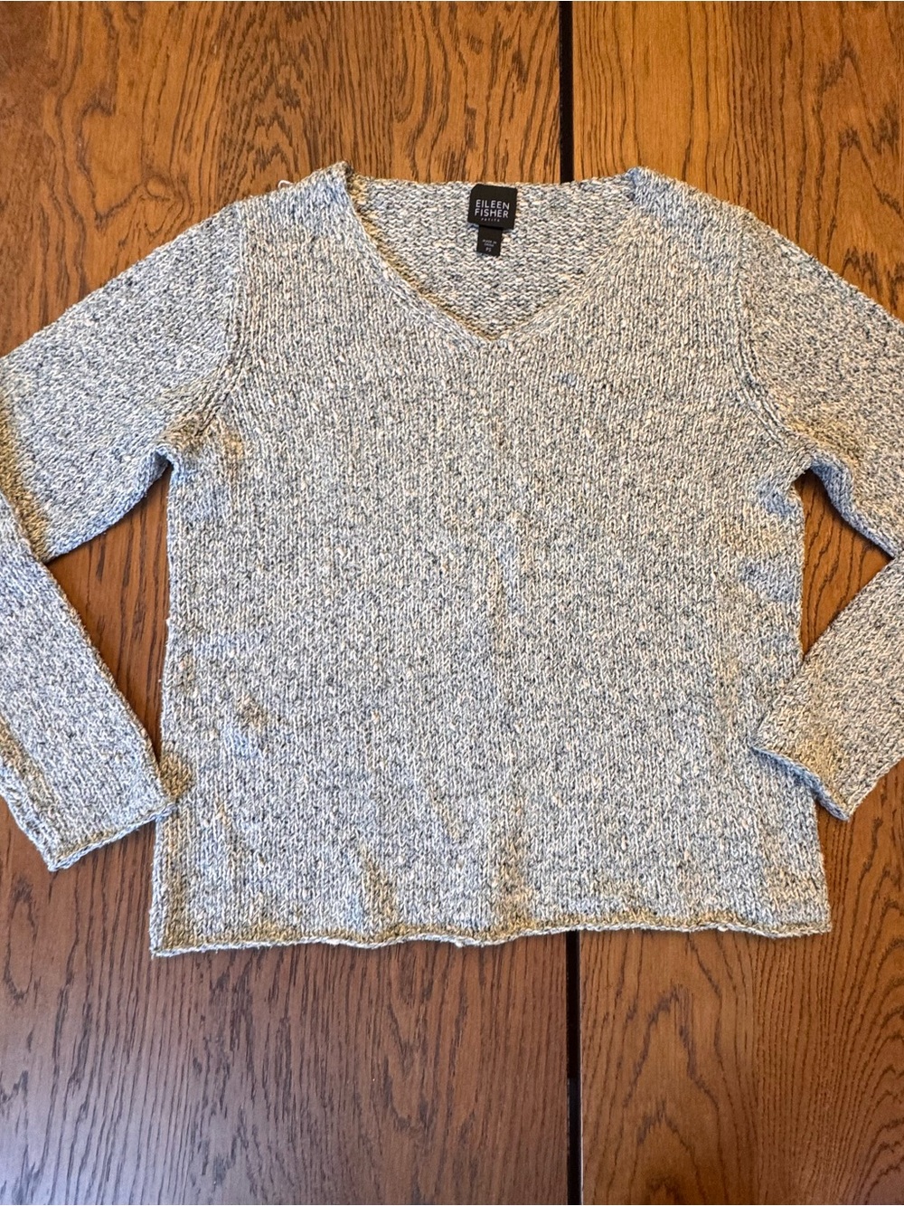 Eileen Fisher Marled Silk Jumper Light Gray V-Neck Sweater Knit petite Small S